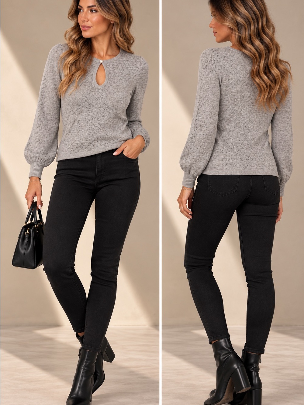 Cyrus Grey Pointelle Knit Keyhole Sweater size small
